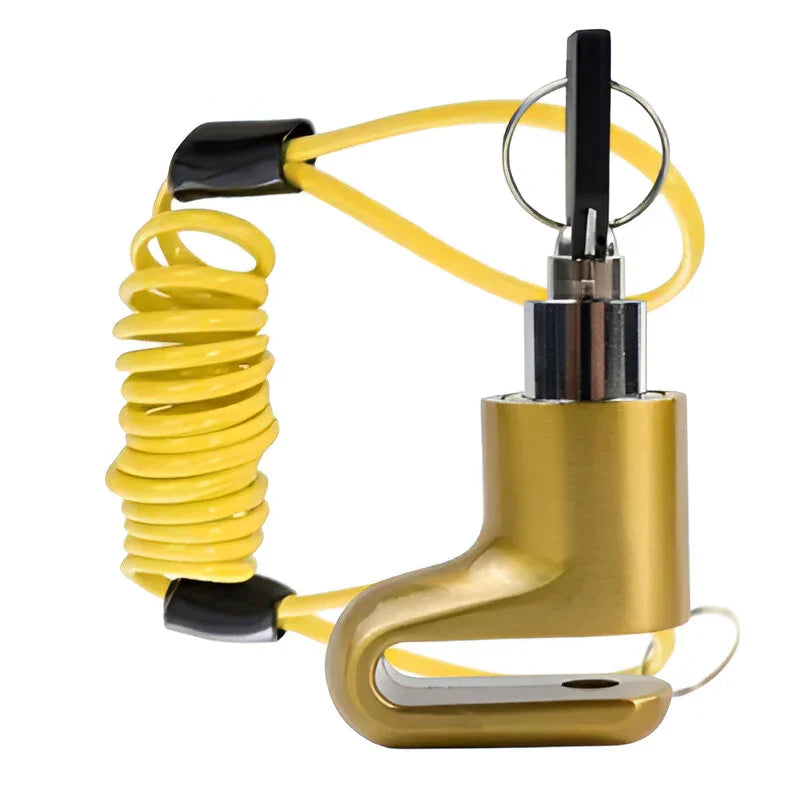 CANDADO DE FRENO DE DISCO DORADO C/CABLE RECORDATORIO - GENERICO - refacciones, llantas y aceites para moto